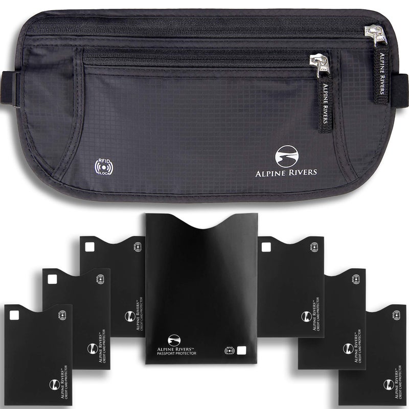 Alpine Rivers RFID Money Belt for Travel - Hidden Waist Pouch Passport Holder with RFID Card Sleeves, Slim and Adjustable Fit for Men and Women - Image 1